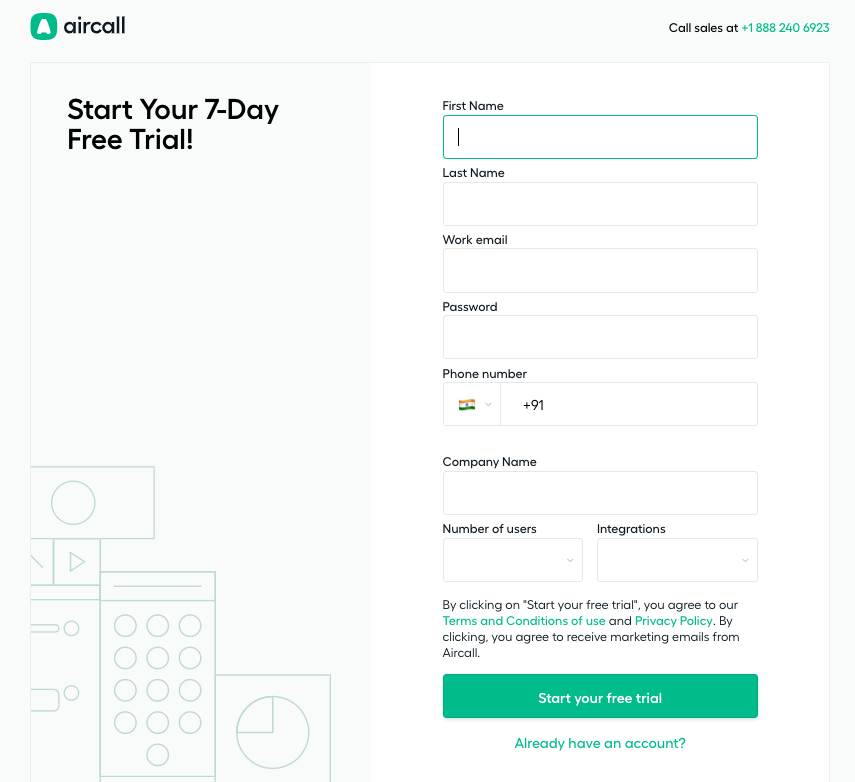 Aircall Sign up page