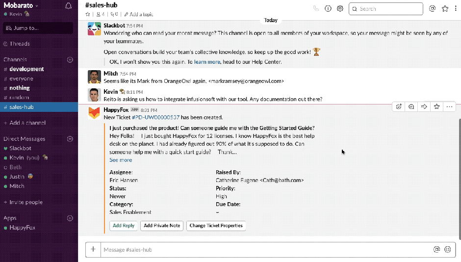 HappyFox Slack integration enables sending private notes right from Slack.