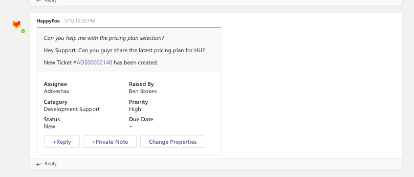 Ticket notification from Microsoft Teams integration
