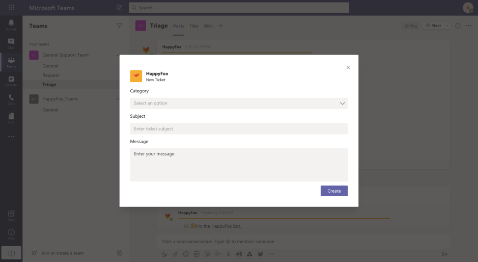 Create new tickets directly from Microsoft Teams