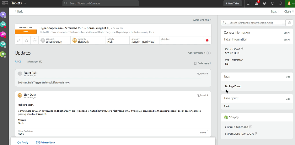 Shopify data in tickets